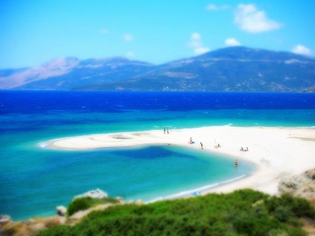 Megali Ammos beach sandbar with stunning blue water